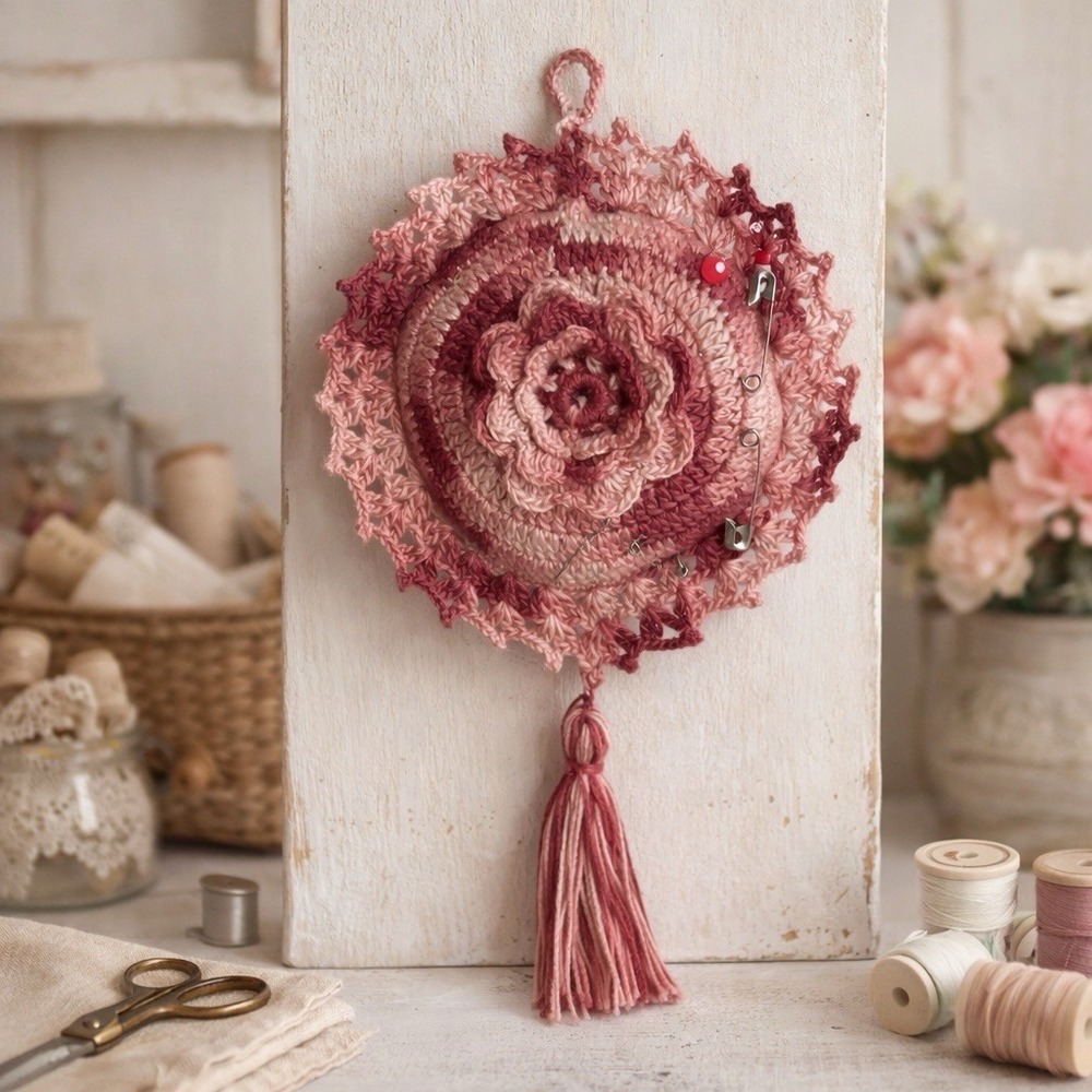 VTG Handmade Crochet Hanging Pin Cushion 3D Floral Ombre Pink Wall Decor Tassel
